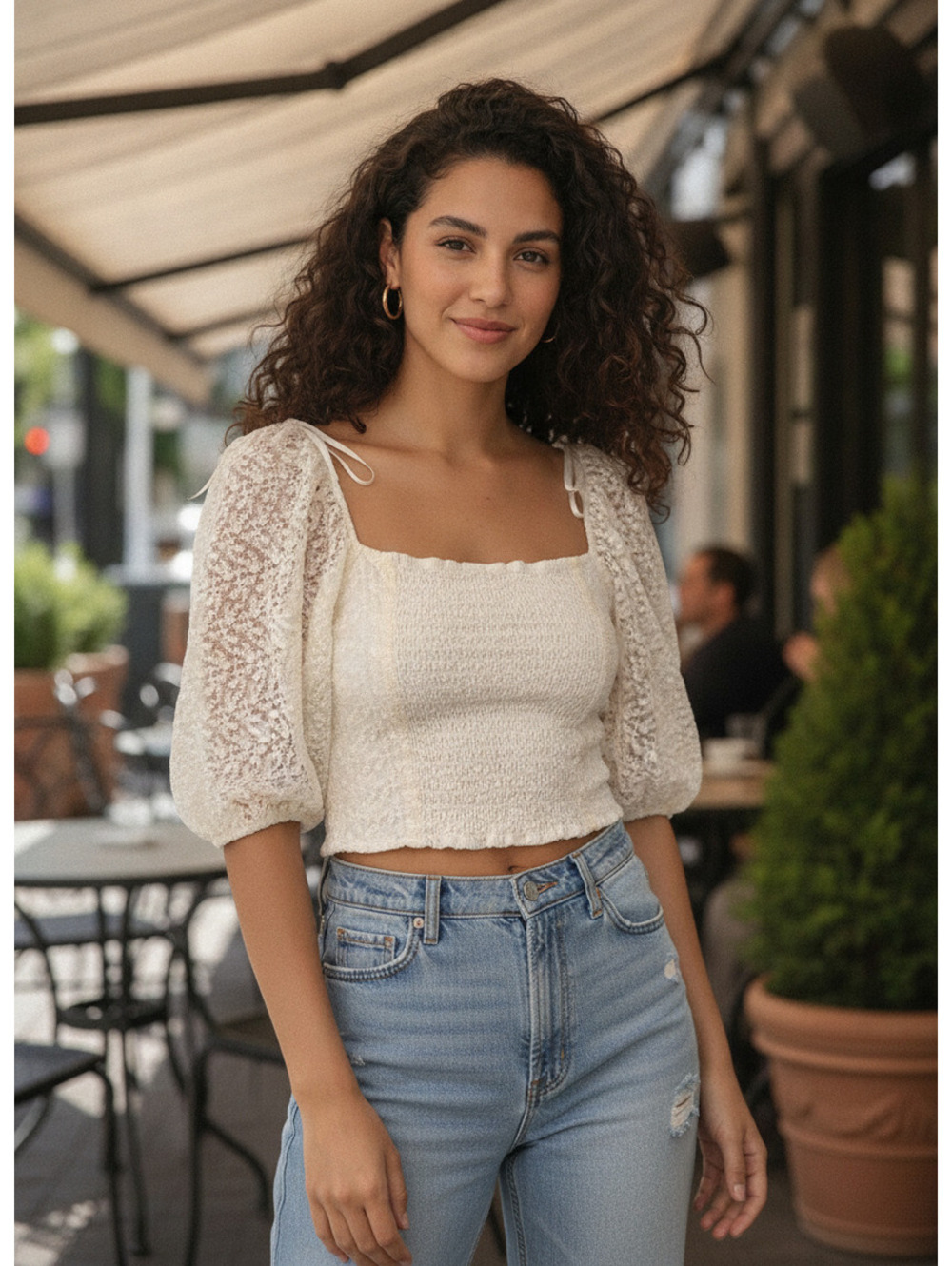 Loana Women's White Lace Puff Sleeve Crop Top, Size M